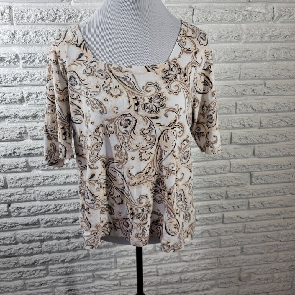 Croft Barrow Womens Top Extra Large Tee Short Sleeve Tan Paisley PAI22XE